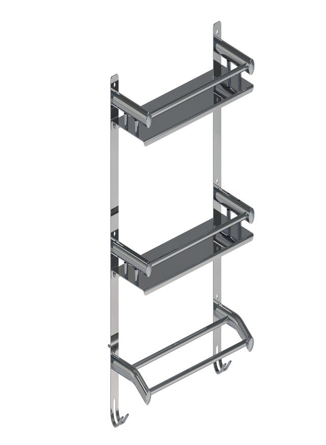 Filox Stainless Steel Wall Mounted Bathroom Shelf | 2-Tier Storage Rack with Towel Holder & Hooks | Rustproof Bathroom Organizer for Toiletries & Kitchen Accessories - Image 1